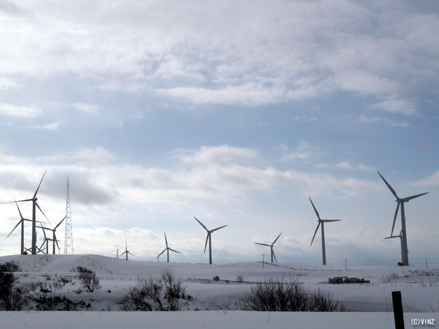 雪景色 北海道　道北 苫前 苫前グリーンヒルウィンドパーク 苫前ウィンビラ発電所 風車群